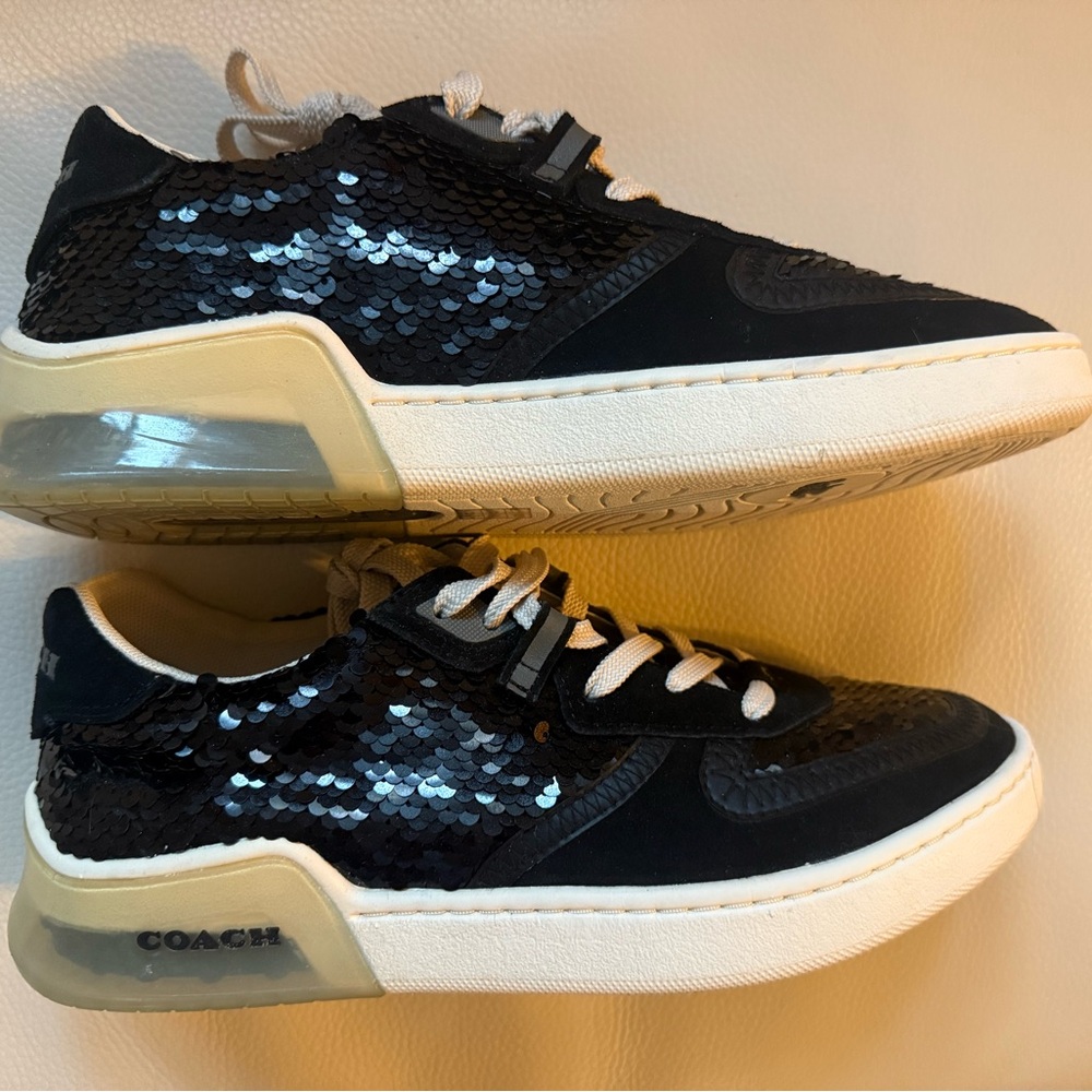 Coach Black Sequin Sneakers with Cream Soles